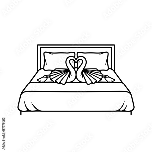 Towel swan on a hotel bed — romantic decoration for hospitality industry, icon