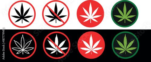 A collection of cannabis icons, warning sign, prohibition, marijuana leaf, and a red circle with a strikethrough. Concept of cannabis legalization, use restrictions, and control