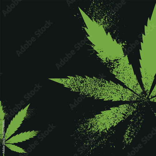 A modern background featuring cannabis, green marijuana leaves, and paint splatter. Grunge-style hemp pattern for the CBD industry, cannabis industry, flyers, apparel, and urban design. Dark backgroun