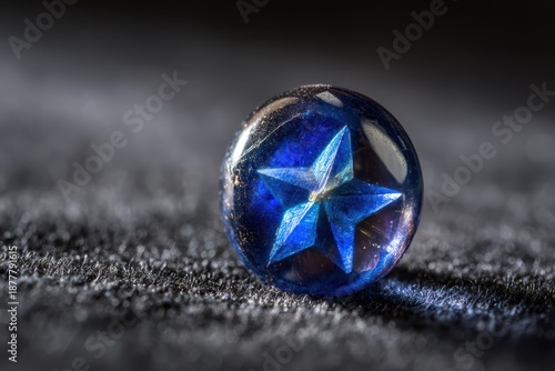 Close-up photograph of a blue star sapphire cabochon with facets and asterism