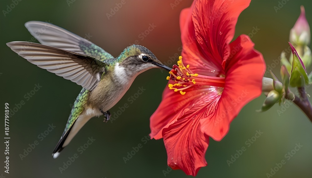 Fototapeta premium Hummingbird feeding on red hibiscus flower
