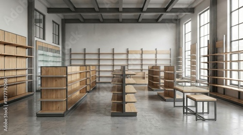 Wooden shelves fill a modern interior space with natural light during a bright daytime