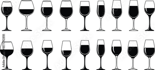Wine glass silhouette collection showing different shapes and fill levels, elegant drinkware illustration set isolated on white background