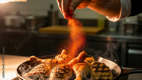 Chef seasoning grilled chicken drumsticks with red paprika powder