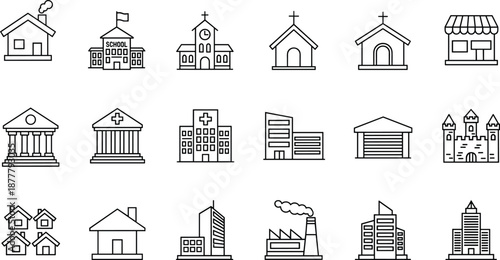 Outline building icon set with houses schools churches hospitals factories and offices, minimalist city architecture symbols isolated on white background