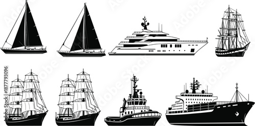 Ship and boat silhouette collection featuring sailing yachts cruise ships cargo vessels and tugboats, detailed maritime illustration set isolated on white background
