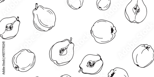 Seamless pattern of quince fruit illustrations on a white background