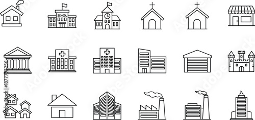 Outline building icon set showing houses schools churches hospitals factories and offices, minimalist architecture symbols isolated on white background