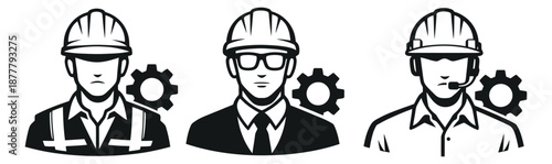 Line art professionals set featuring engineers and workers in hard hats with gear icons for industrial and technical services