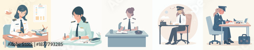A Female Pilot Writing at a Desk Vector Illustration