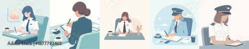 A Female Pilot Writing at a Desk Vector Illustration