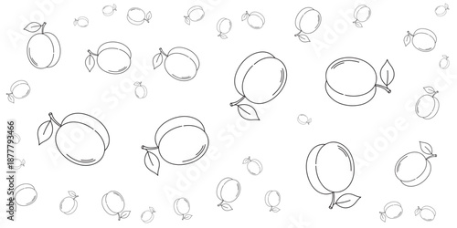 A seamless pattern of hand-drawn apricots and pits on a white background