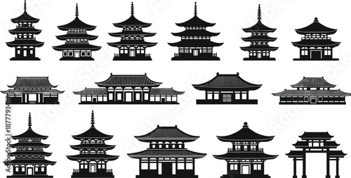 Black Asian pagoda and temple silhouettes collection, traditional architecture vector illustration set for branding, travel, culture, history, isolated on white