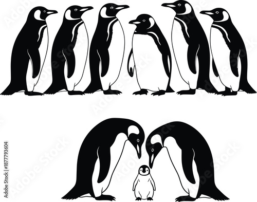 Black penguin family silhouettes illustration, cute antarctic wildlife vector scene showing parent penguins and baby, minimal animal design isolated on white