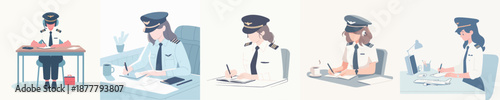 A Female Pilot Writing at a Desk Vector Illustration