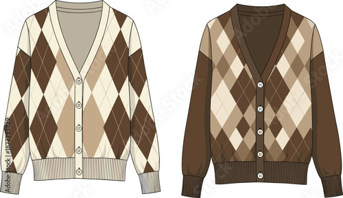 Argyle patterned cardigans vector illustration with classic diamond design, cozy knitwear fashion, stylish autumn winter clothing, trendy apparel showcase