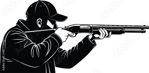 Man aiming shotgun silhouette, hunting sport shooting concept, firearm marksman profile, outdoor tactical pose, minimalist black and white vector illustration
