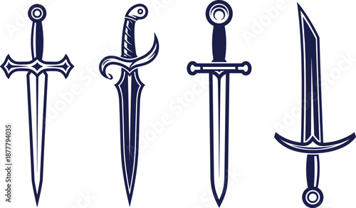 Medieval swords and daggers vector set, fantasy weapon silhouettes illustration for logo, emblem, game design, heraldry, isolated on white background branding