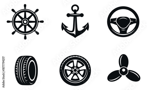 Simple transportation icons set featuring ship's wheel, anchor, car steering wheel, car wheel, tire, and propeller for automotive and nautical design