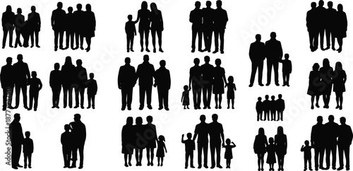 People and family silhouettes collection, diverse group of adults and children standing together, black vector illustration isolated on white background for design use