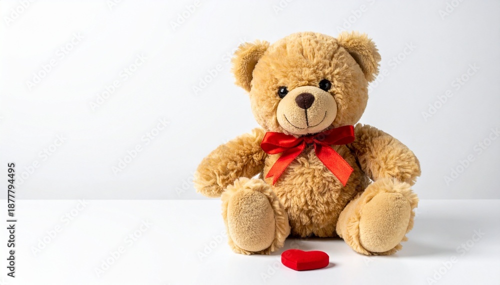 Obraz premium Soft Teddy Bear with Red Bow and Heart for Valentine's Day and Romantic Gifting Concept a classic light-brown teddy bear with a red satin bow, sitting next to a small red plush heart