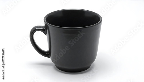 Black ceramic mug on white background, simple and elegant.
