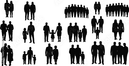 People silhouettes collection, families couples and groups standing together, black human figures set, social community concept, vector illustration isolated