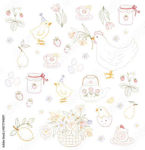 CUTE EASTER SPRING CLIPART SET • PASTEL LINE ART CHICKEN AND CHICKS ILLUSTRATIONS