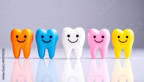 Smiling Multi-Colored Toy Teeth for Pediatric Dentistry and Oral Hygiene Education Concept multi-colored toy teeth with smiling faces