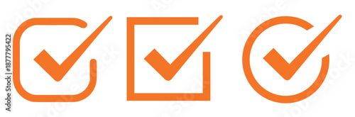 Three Orange Check Mark Icons Square Rounded Circle White Background