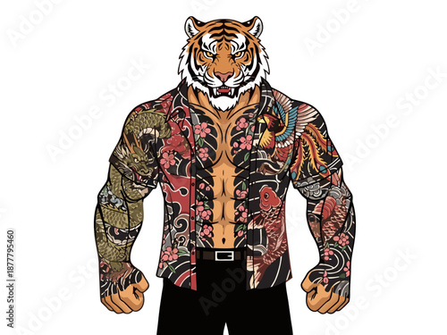 A muscular tiger mascot illustration wearing a vibrant jacket stands confidently