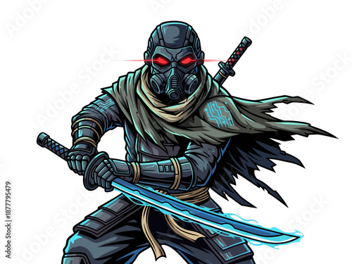 Mascot Ninja Warrior Illustration with Swords and Cloak in Dynamic Pose