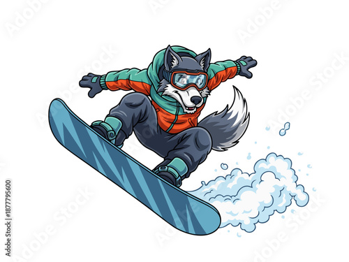 Cartoon Mascot Snowboarder in Mid-Air Performing Tricks on a Snowy Slope