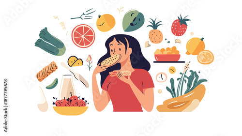 Woman Enjoying Healthy Food Surrounded by Fresh Fruits and Vegetables