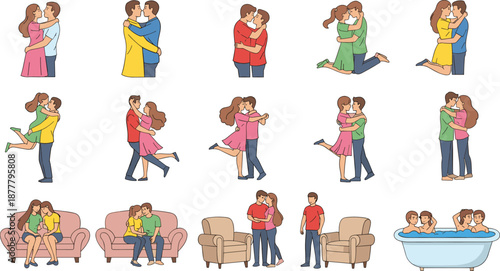 Romantic couple hugging and kissing poses collection showing love affection relationships dating moments colorful flat vector illustration set