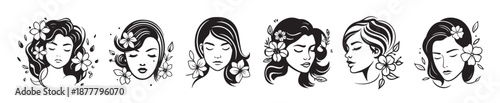 woman head set beauty icons set silhouette hand drawn vector