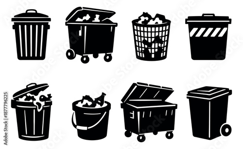 Graphic icon garbage container set featuring various trash bins and dumpsters for waste disposal and recycling