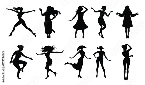 woman jump stand walk and other pose black silhouette flat
