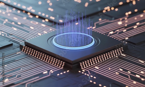 Futuristic AI Processor Chip Glowing on Circuit Board for High Speed Digital Data Processing and Technology Innovation