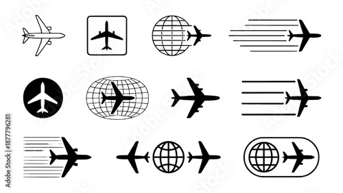 Collection of airplane and travel direction icons representing global flight routes, air travel, and transportation navigation in clean vector style.