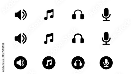 Icon set featuring sound, music, headphones, and microphone symbols for multimedia and audio applications.