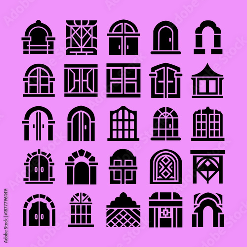 Architectural Doors, Windows, and Archways Glyph Icons Set