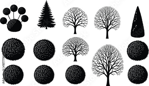 Black silhouette vector illustration set of diverse trees, shrubs, bushes, conifers, topiary shapes, landscape design elements collection