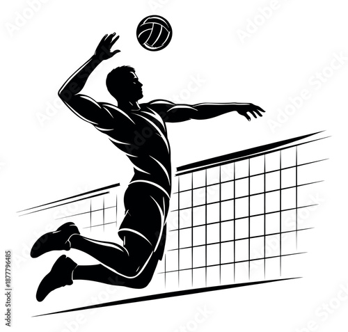 Stylized graphic illustration of a volleyball player depicting spiking the ball for sports design