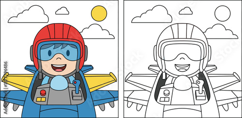 Coloring book page for kids showing a happy cartoon pilot boy flying a jet plane in the sky. Vector illustration with colored reference and black and white outline for educational activity.