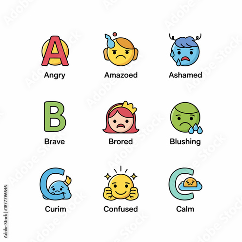 Alphabetical illustration of various emotions and states of mind, depicted with cartoon faces and corresponding letters.