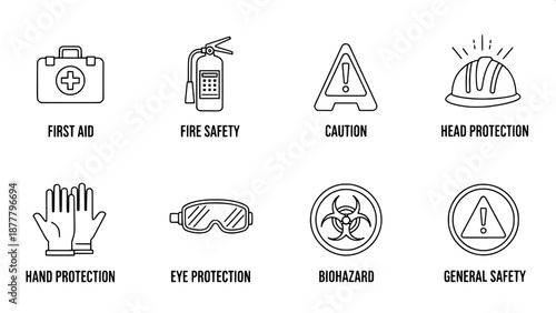 “Monochrome safety icons, thin outline, editable stroke width, modern safety poster graphics”