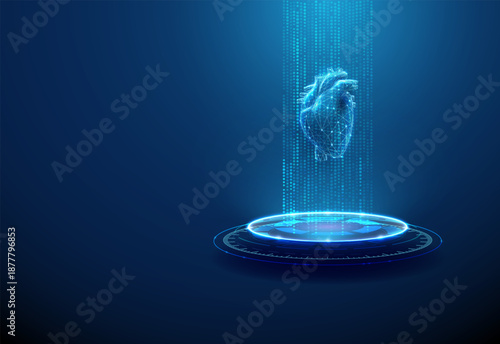 Blue 3d human heart on futuristic podium in data stream. Cardiology research, medical data accumulation, healthcare monitoring, ai medicine, diagnostics concept.