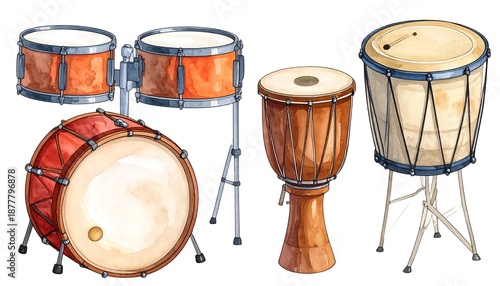 Watercolor Drum Set Illustration - Percussion Instruments for Music and Rhythm.