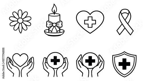 Line art healthcare and remembrance icon set featuring a flower, candle, heart, ribbon, and hands with medical crosses for awareness and well-being